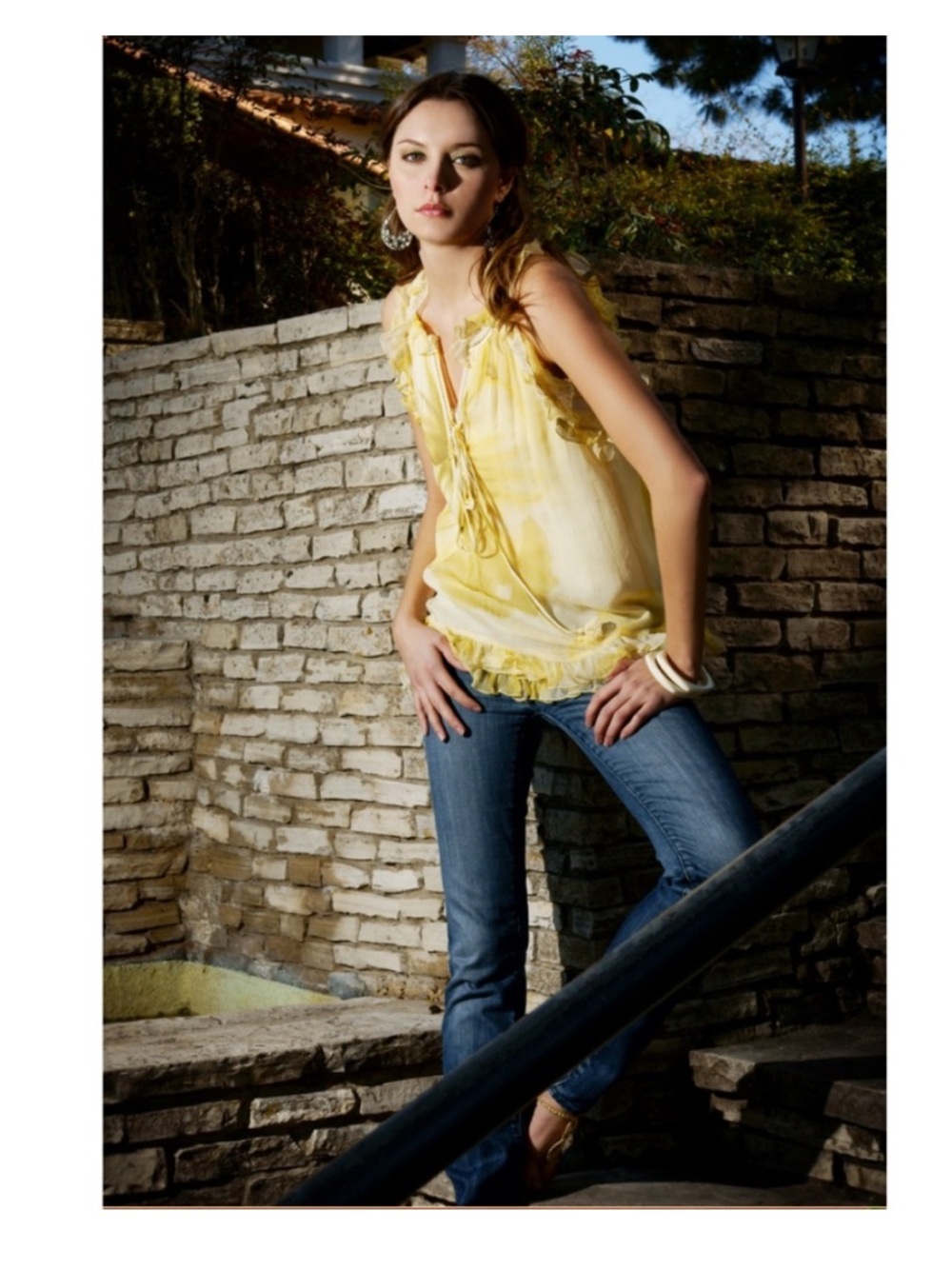 Lightweight Yellow Ruffle-Trim Sleeveless Blouse with Tie Front